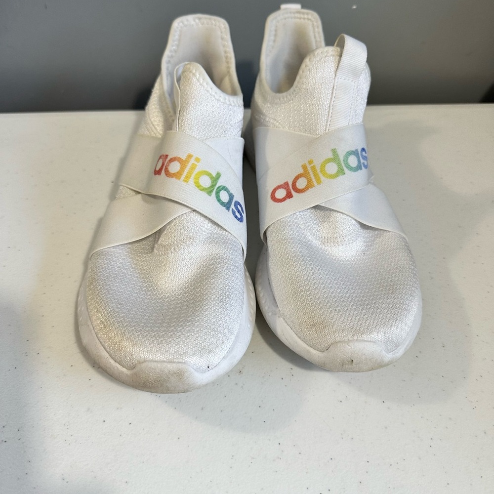 Adidas Women’s White Slip-On Sneakers with Multicolor Logo
